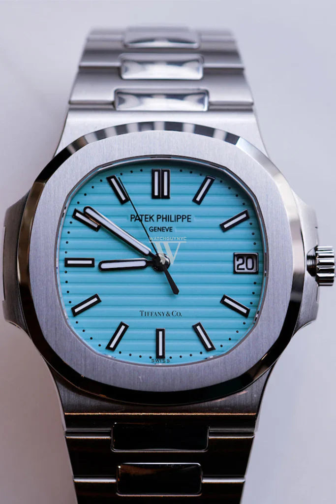 Close-up of Tiffany Blue dial with Patek Philippe and Tiffany & Co dual logos on Nautilus 5711/1A-018 – limited edition watch at globalskydiamond.com